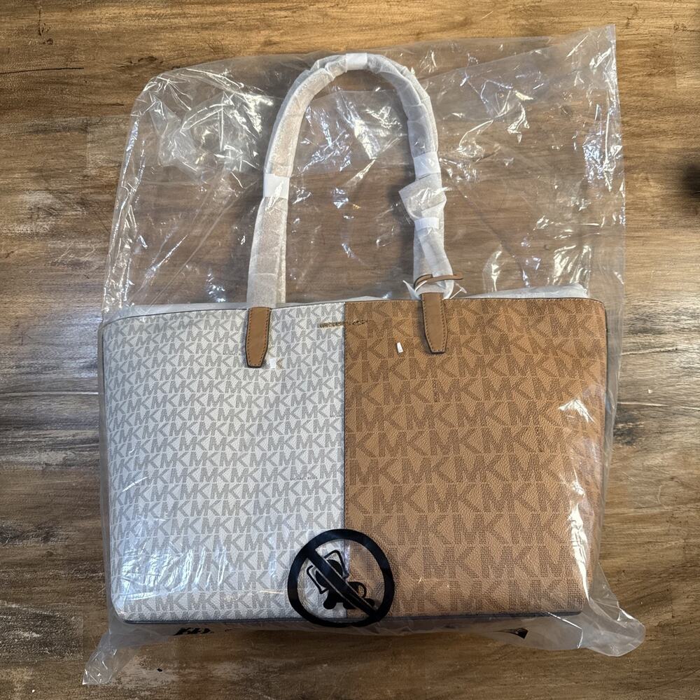 Michael Kors Jet Set Medium Tote Deer Multi Vanilla Two Tone Logo Bag New